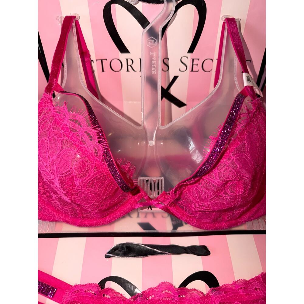 Victorias Secret Bra Very Sexy Bling Strap Set Pink Fusia 32B Small Thong - Picture 9 of 9